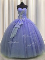 Deluxe Sleeveless Tulle Floor Length Lace Up Military Ball Dresses in Lavender with Beading and Sequins and Bowknot
