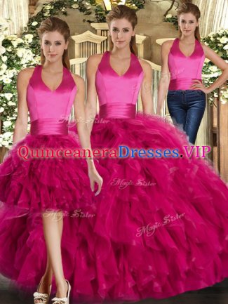 Fuchsia Three Pieces Halter Top Sleeveless Tulle Floor Length Lace Up Ruffles Sweet 16 Dress