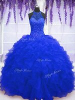 Perfect Royal Blue Organza Lace Up 15th Birthday Dress Sleeveless Floor Length Beading and Ruffles and Sequins