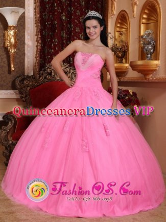 Kyyjarvi Finland Rose Pink For Wonderful Quinceanera Dress With Strapless Tulle Beadings And Exquisite Hand Flowers