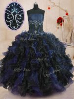 Adorable Sleeveless Floor Length Beading and Ruffles Lace Up Quinceanera Dresses with Blue And Black