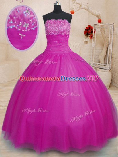 Elegant Strapless Sleeveless Lace Up Sweet 16 Quinceanera Dress Fuchsia Tulle - Click Image to Close