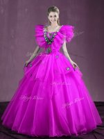 Deluxe Fuchsia Sleeveless Floor Length Appliques and Ruffles Lace Up Quinceanera Dress