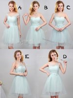 Simple Off the Shoulder Apple Green Sleeveless Mini Length Lace and Appliques and Belt Lace Up Dama Dress