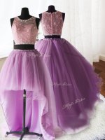 Fitting Three Piece Scoop With Train Zipper 15th Birthday Dress Lilac for Military Ball and Sweet 16 and Quinceanera with Beading and Lace and Ruffles Brush Train(SKU PSSW069KC002-1BIZ)