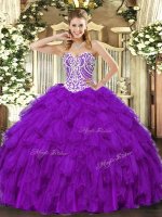 Purple Ball Gowns Sweetheart Sleeveless Tulle Floor Length Lace Up Beading and Ruffles Ball Gown Prom Dress