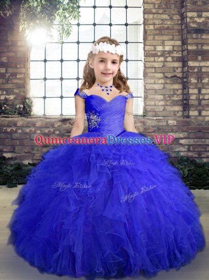 Blue Ball Gowns Tulle Straps Sleeveless Beading and Ruffles Floor Length Lace Up Little Girl Pageant Dress - Click Image to Close
