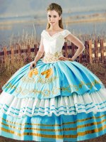 Flare Floor Length Blue And White Sweet 16 Quinceanera Dress V-neck Sleeveless Lace Up