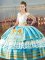 Flare Floor Length Blue And White Sweet 16 Quinceanera Dress V-neck Sleeveless Lace Up