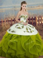 Olive Green Tulle Lace Up Sweetheart Sleeveless Floor Length Quinceanera Gown Embroidery and Ruffles and Bowknot