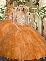 Orange Sleeveless Beading and Ruffles Floor Length Vestidos de Quinceanera