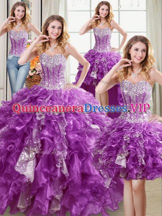 Four Piece Sweetheart Sleeveless Organza 15 Quinceanera Dress Beading and Ruffles and Sequins Lace Up