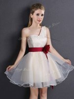One Shoulder Sleeveless Organza Mini Length Lace Up Court Dresses for Sweet 16 in Champagne with Lace and Hand Made Flower