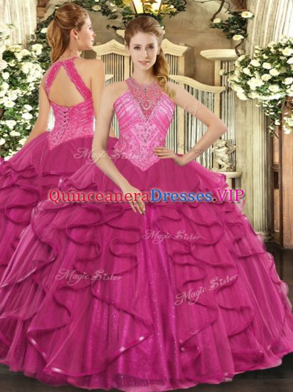 Chic Hot Pink High-neck Lace Up Beading and Ruffles Sweet 16 Quinceanera Dress Sleeveless - Click Image to Close
