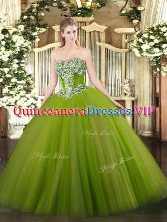 Simple Tulle Strapless Sleeveless Lace Up Beading 15 Quinceanera Dress in Olive Green