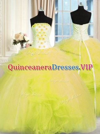 Pretty Strapless Sleeveless Lace Up Quince Ball Gowns Yellow Green Tulle