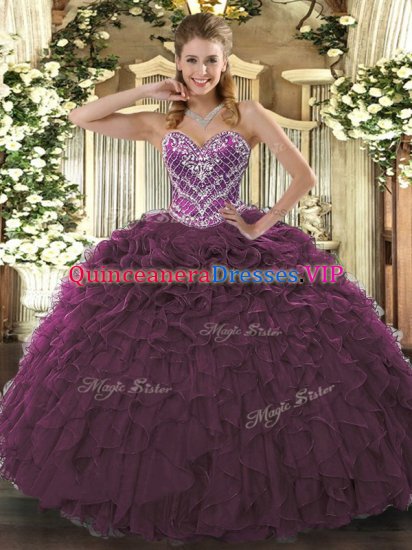 Burgundy Ball Gowns Beading and Ruffled Layers Quinceanera Gown Lace Up Tulle Sleeveless Floor Length - Click Image to Close