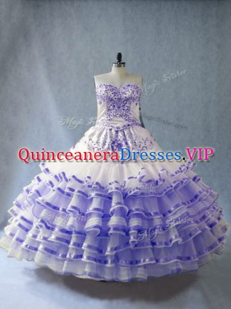 Lavender Sleeveless Floor Length Embroidery and Ruffled Layers Lace Up 15th Birthday Dress