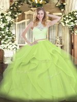 Yellow Green Scoop Zipper Lace and Ruffles Quinceanera Gown Sleeveless