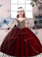 Best Tulle Spaghetti Straps Sleeveless Lace Up Beading Glitz Pageant Dress in Wine Red