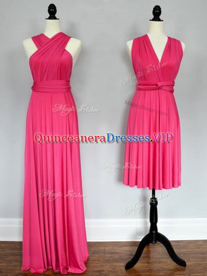 Floor Length Lace Up Quinceanera Court Dresses Hot Pink for Prom and Sweet 16 and Wedding Party with Ruching - Click Image to Close