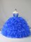 Royal Blue Ball Gowns Sweetheart Sleeveless Organza Floor Length Lace Up Ruffles and Sequins Sweet 16 Dress