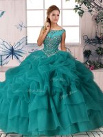 Brush Train Ball Gowns Quinceanera Gowns Teal Scoop Organza Sleeveless Zipper