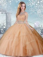 Excellent Champagne Sleeveless Floor Length Beading Clasp Handle Sweet 16 Dresses