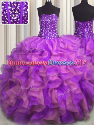 Visible Boning Beaded Bodice Sleeveless Floor Length Beading and Ruffles Lace Up Juniors Party Dress with Multi-color