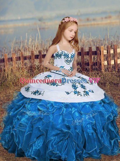 Blue Straps Embroidery and Ruffles Little Girls Pageant Dress Wholesale Sleeveless - Click Image to Close