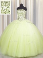 Big Puffy Light Yellow Lace Up Quinceanera Dresses Beading and Sequins Sleeveless Floor Length