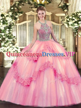 Baby Pink Lace Up Quinceanera Gowns Beading and Appliques Sleeveless Floor Length