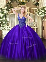 Purple Ball Gowns Satin V-neck Sleeveless Beading Floor Length Lace Up Quinceanera Dress