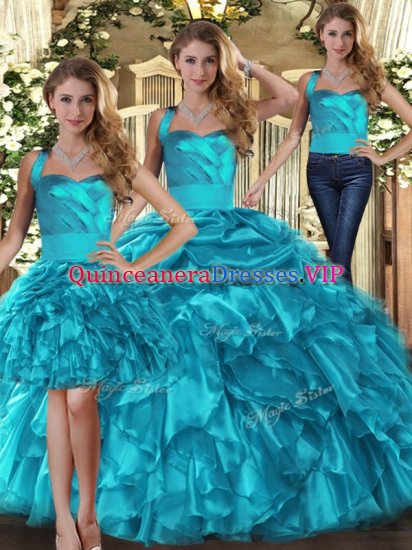 Stylish Teal Three Pieces Halter Top Sleeveless Organza Floor Length Lace Up Ruffles and Pick Ups Quinceanera Gowns - Click Image to Close
