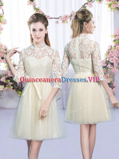 Mini Length Champagne Court Dresses for Sweet 16 High-neck Half Sleeves Lace Up - Click Image to Close