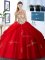 Ideal Halter Top Red Lace Up Ball Gown Prom Dress Embroidery and Pick Ups Sleeveless Floor Length