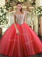 Off The Shoulder Sleeveless Lace Up 15 Quinceanera Dress Coral Red Tulle