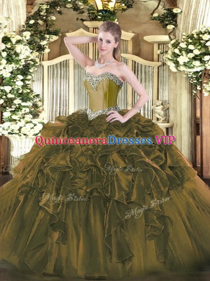 Organza Sweetheart Sleeveless Lace Up Beading and Ruffles 15th Birthday Dress in Olive Green - Click Image to Close