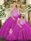 Halter Top Sleeveless Quinceanera Gowns Floor Length Beading Fuchsia Tulle