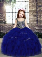 Top Selling Royal Blue Girls Pageant Dresses Party and Wedding Party with Beading and Ruffles Straps Sleeveless Lace Up