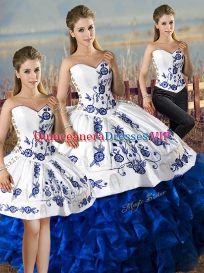 Satin and Organza Sweetheart Sleeveless Lace Up Embroidery and Ruffles Sweet 16 Dresses in Blue And White - Click Image to Close
