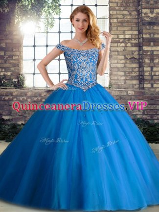 Blue Sleeveless Beading Lace Up Quinceanera Gown