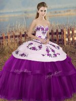 White And Purple Sweet 16 Dress Military Ball and Sweet 16 and Quinceanera with Embroidery and Bowknot Sweetheart Sleeveless Lace Up