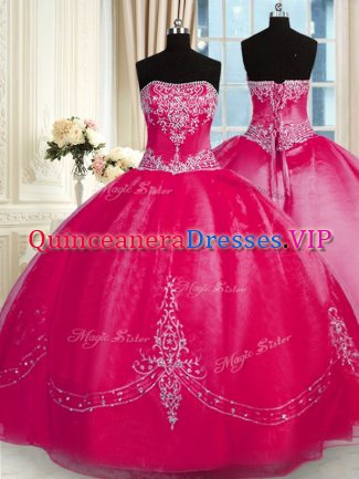 Floor Length Coral Red Quinceanera Dress Organza Sleeveless Beading and Embroidery