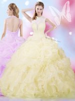 Light Yellow Organza Lace Up High-neck Sleeveless Floor Length Vestidos de Quinceanera Beading and Ruffles and Pick Ups(SKU SJQDDT810002BIZ)