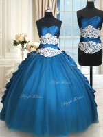 Teal Taffeta and Tulle Lace Up Quinceanera Gown Sleeveless Floor Length Beading and Lace