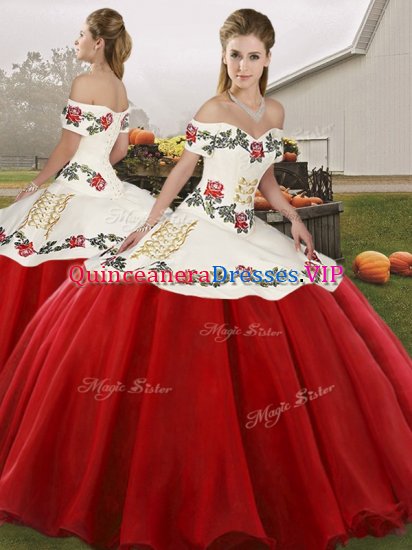 Organza Off The Shoulder Sleeveless Lace Up Embroidery Quince Ball Gowns in White And Red - Click Image to Close