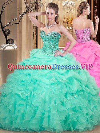 Apple Green Organza Lace Up Sweetheart Sleeveless Floor Length Sweet 16 Quinceanera Dress Beading and Ruffles and Pick Ups