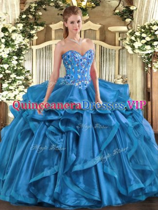 New Style Sweetheart Sleeveless Lace Up Sweet 16 Dresses Blue Organza