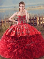 Exceptional Coral Red Sweetheart Lace Up Embroidery and Ruffles Vestidos de Quinceanera Brush Train Sleeveless